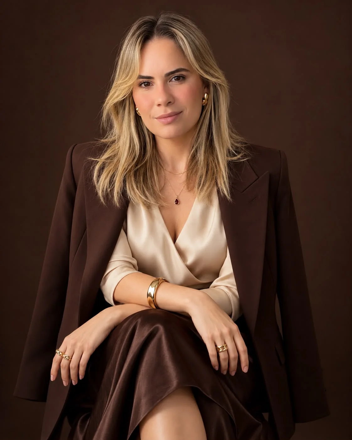 Dra. Kamilla Gonçalves em retrato sobre fundo marrom, vestindo blazer chocolate e blusa de cetim em tom creme